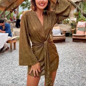 Zara Fairy Grunge Jacquard Tie Front Mini Dress Size S Olive Green Kimono Sleeve